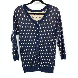 ModCloth Button Front Cardigan Sweater Womens Size Medium Navy Beige Polka Dot